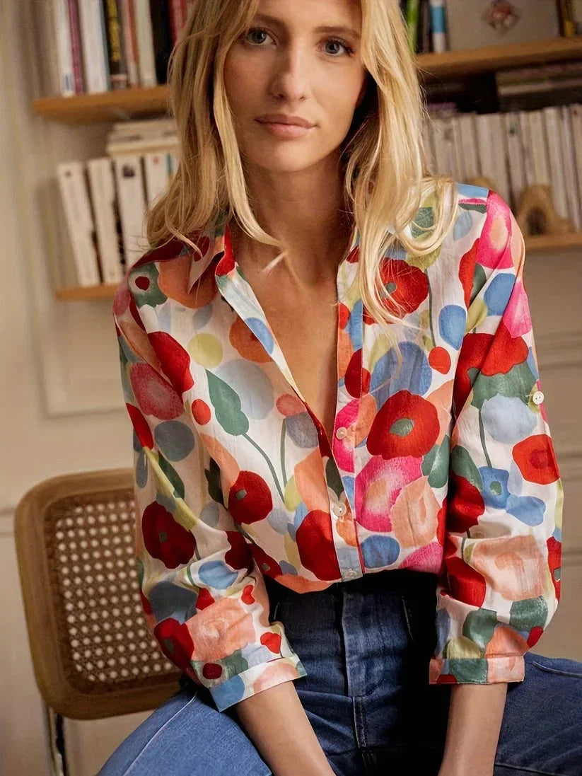 Dames Blouse Lange Mouw met Bloemenprint en V-hals Bloemen