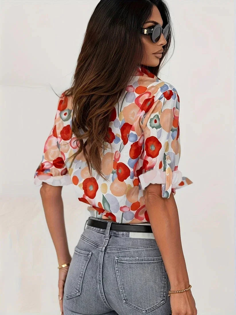 Dames Blouse Lange Mouw met Bloemenprint en V-hals