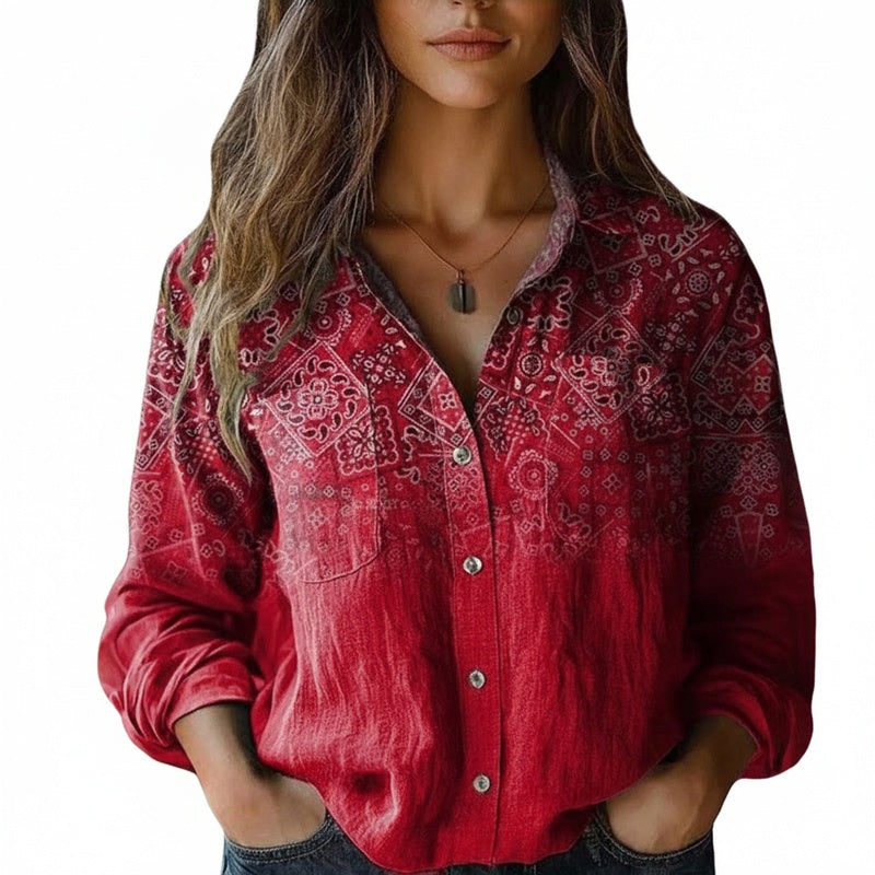 Dames Blouse Lange Mouw met Bohemian Print en Knoopsluiting