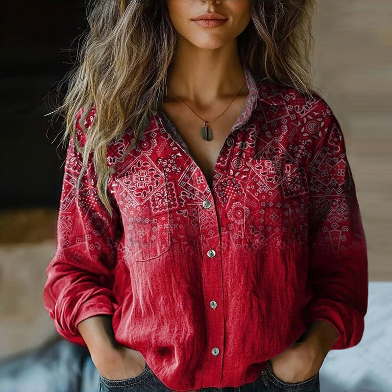 Dames Blouse Lange Mouw met Bohemian Print en Knoopsluiting Rood