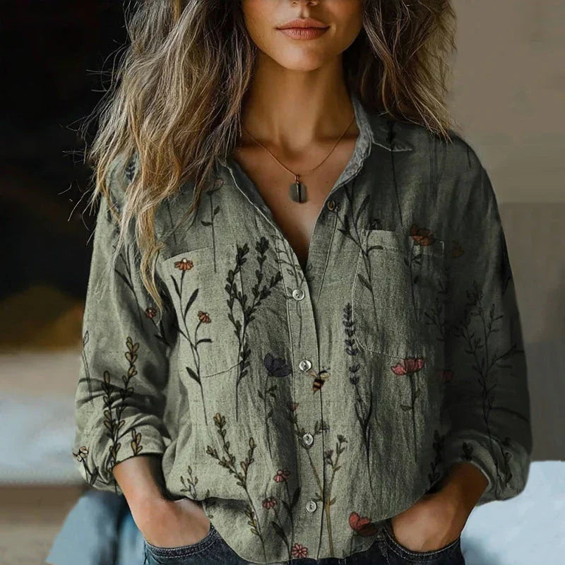 Dames Blouse Lange Mouw met Bohemian Print en Knoopsluiting Groen