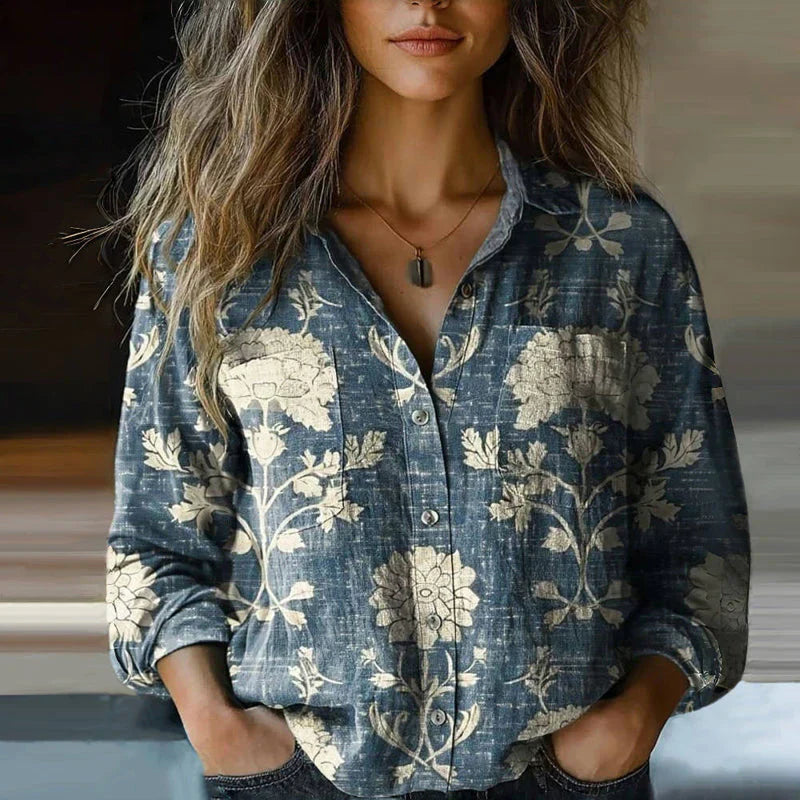 Dames Blouse Lange Mouw met Bohemian Print en Knoopsluiting Blauw