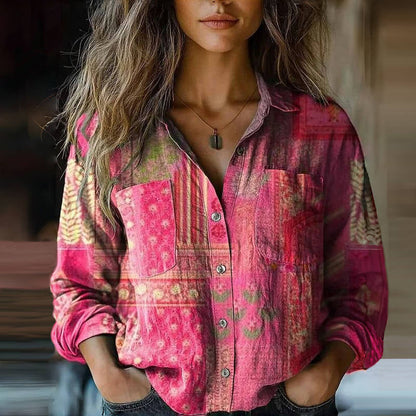 Dames Blouse Lange Mouw met Bohemian Print en Knoopsluiting Roze