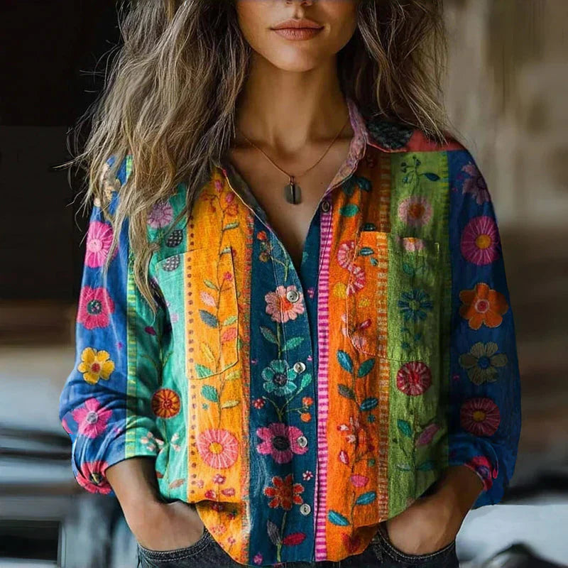 Dames Blouse Lange Mouw met Bohemian Print en Knoopsluiting Veelkleurig
