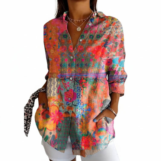 Dames Blouse Lange Mouw met Button-down Kraag en Losse Pasvorm