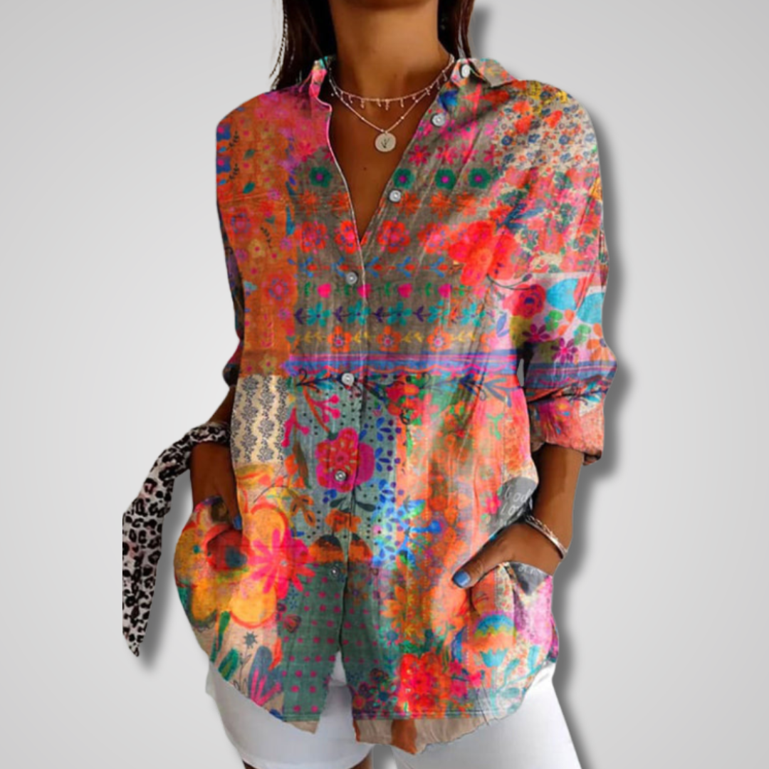 Dames Blouse Lange Mouw met Button-down Kraag en Losse Pasvorm Oranje Blauw