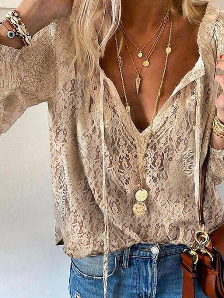 Dames Blouse Lange Mouw met Diepe V-hals en Strikdetail Bohemian Style Khaki