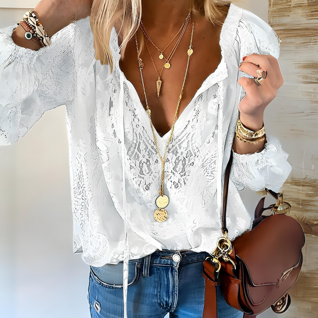 Dames Blouse Lange Mouw met Diepe V-hals en Strikdetail Bohemian Style Wit