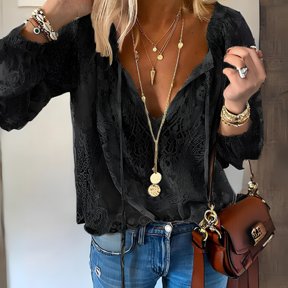 Dames Blouse Lange Mouw met Diepe V-hals en Strikdetail Bohemian Style Zwart