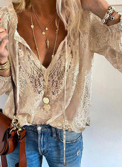 Dames Blouse Lange Mouw met Diepe V-hals en Strikdetail Bohemian Style