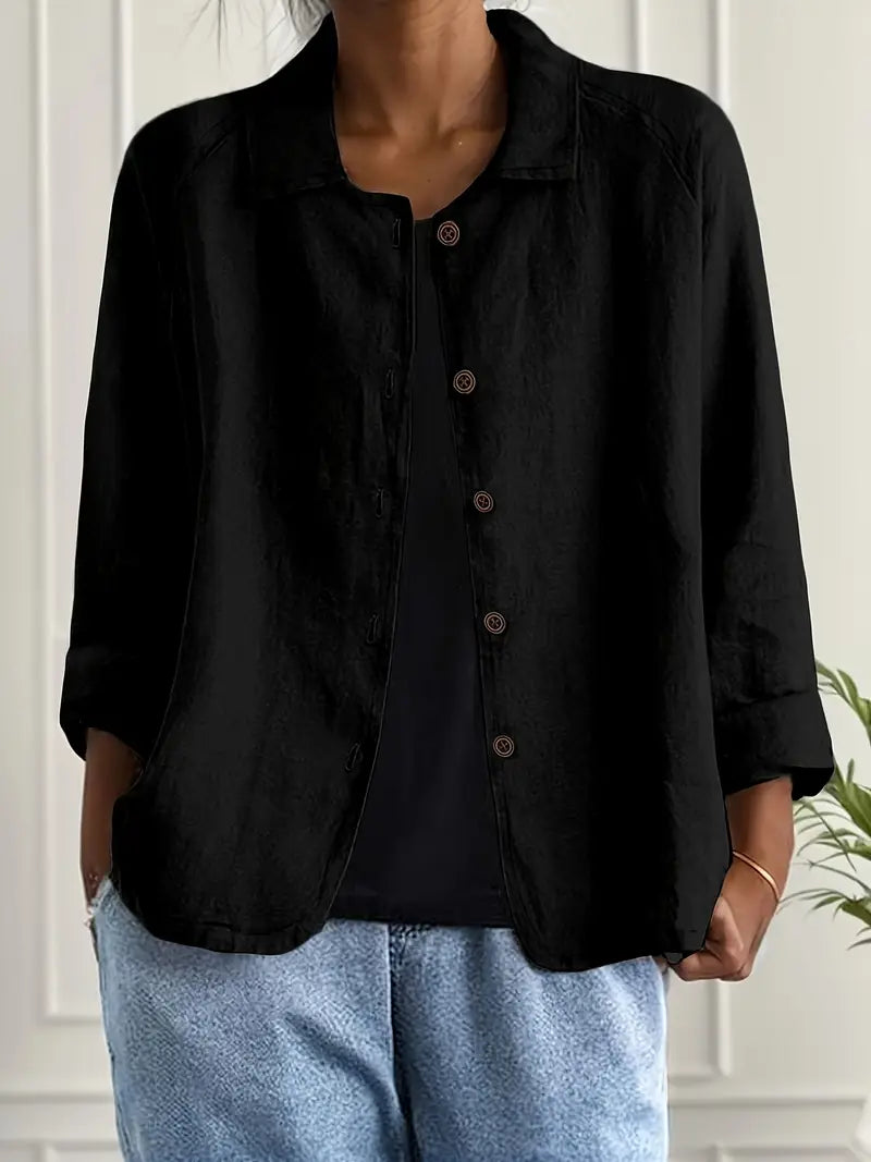 Dames Blouse Lange Mouw met Klassieke Kraag en Knoopsluiting Zwart
