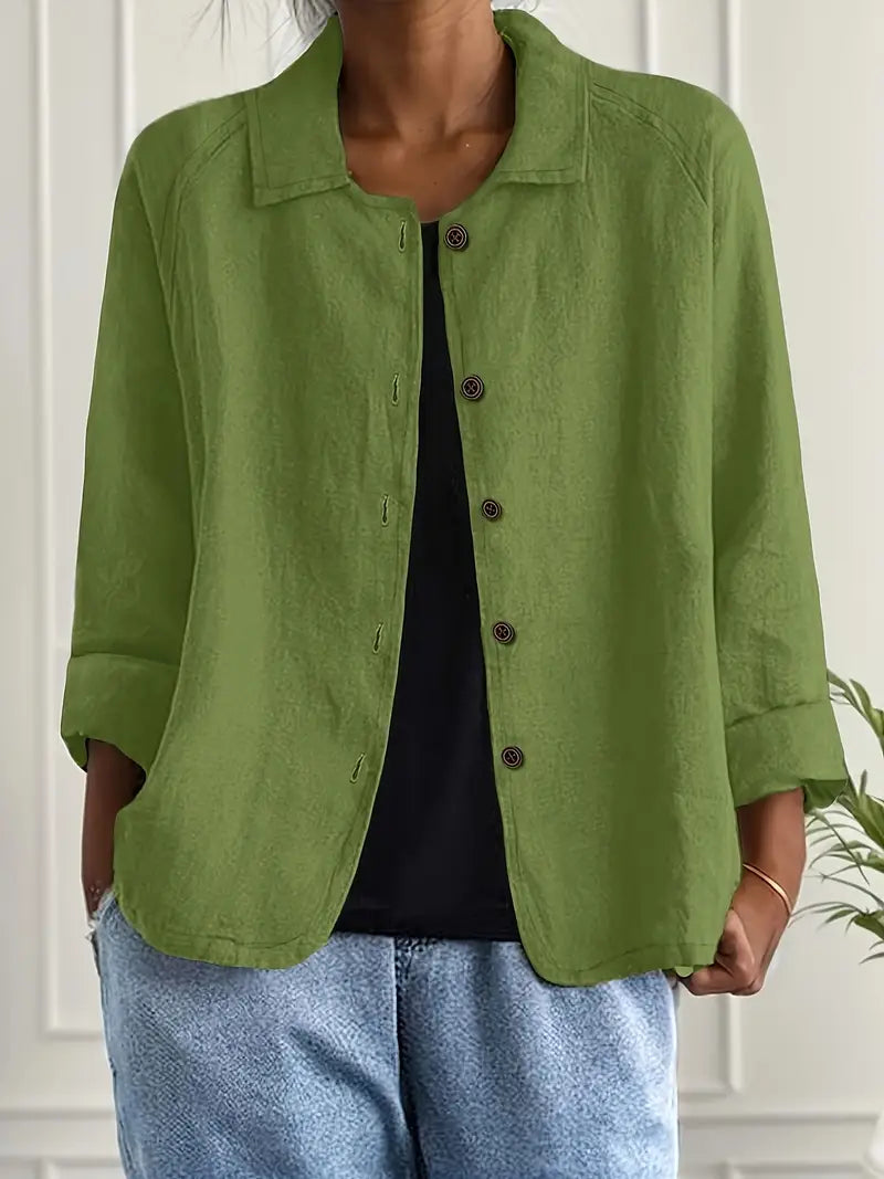 Dames Blouse Lange Mouw met Klassieke Kraag en Knoopsluiting Groen