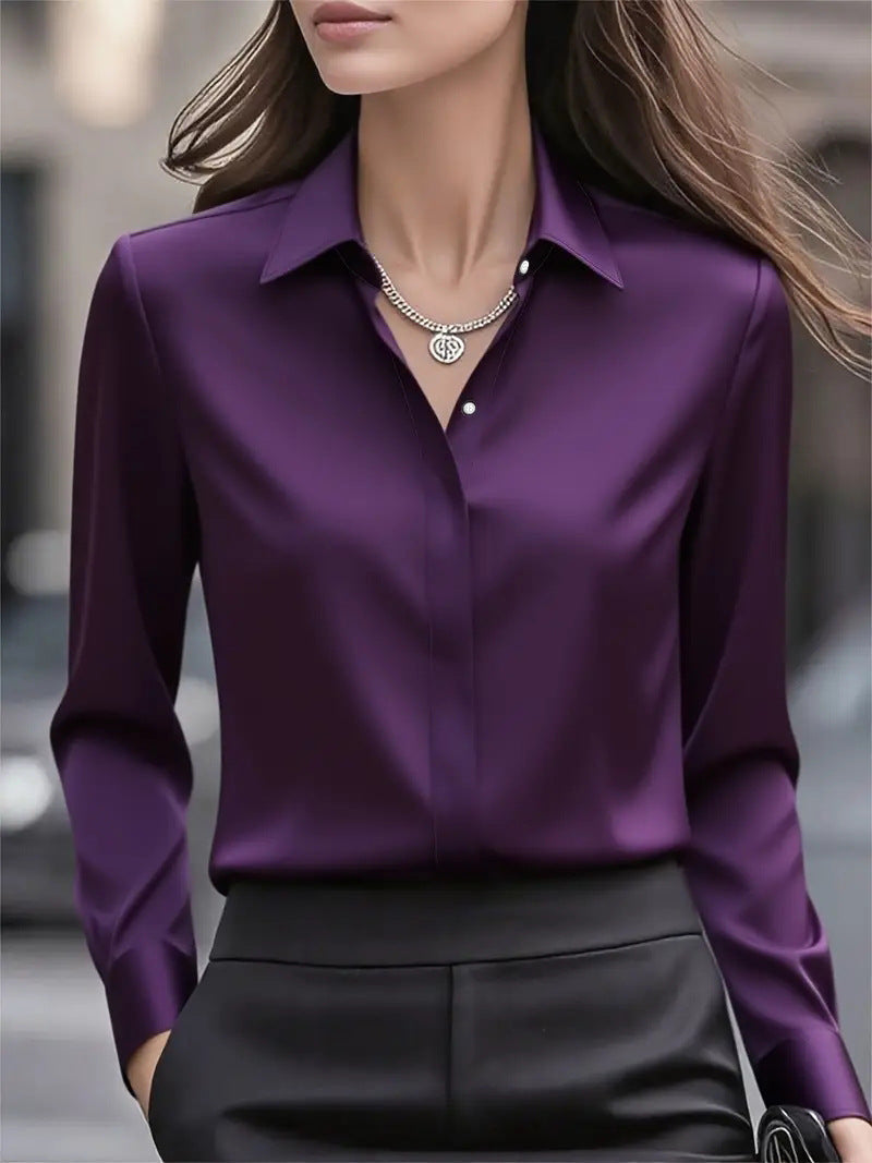 Dames Blouse Lange Mouw met Klassieke Kraag en Verborgen Knoopsluiting Lila