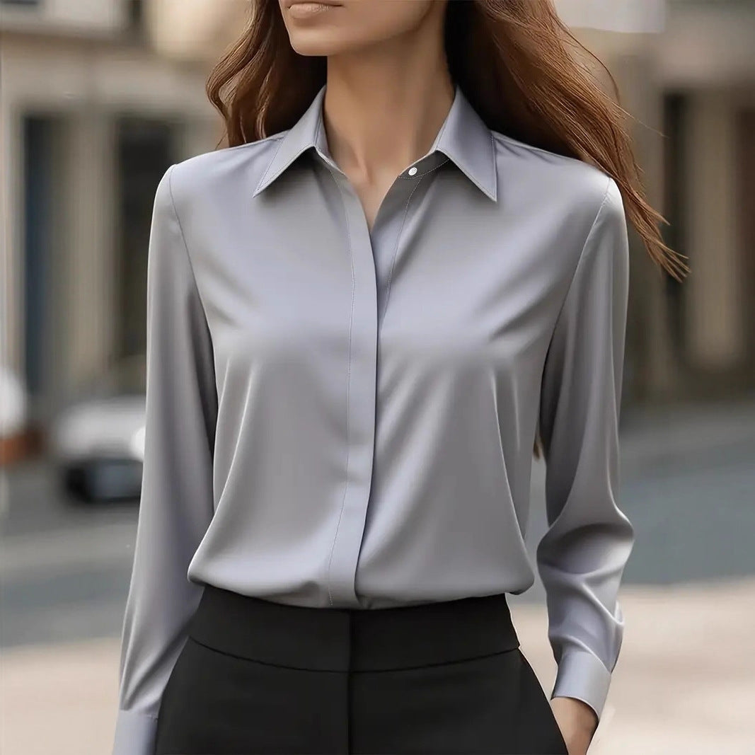 Dames Blouse Lange Mouw met Klassieke Kraag en Verborgen Knoopsluiting Grijs