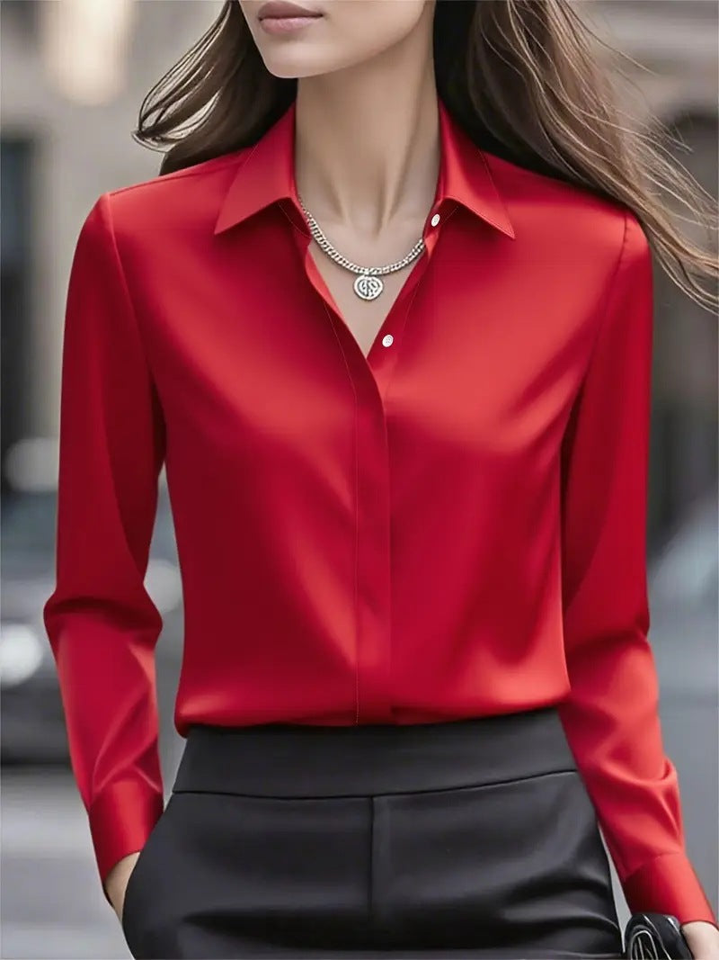 Dames Blouse Lange Mouw met Klassieke Kraag en Verborgen Knoopsluiting Rood