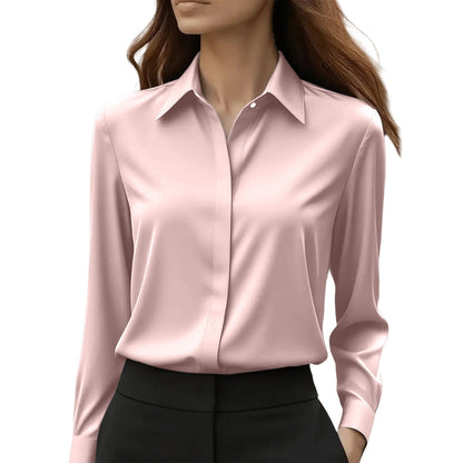Dames Blouse Lange Mouw met Klassieke Kraag en Verborgen Knoopsluiting Roze