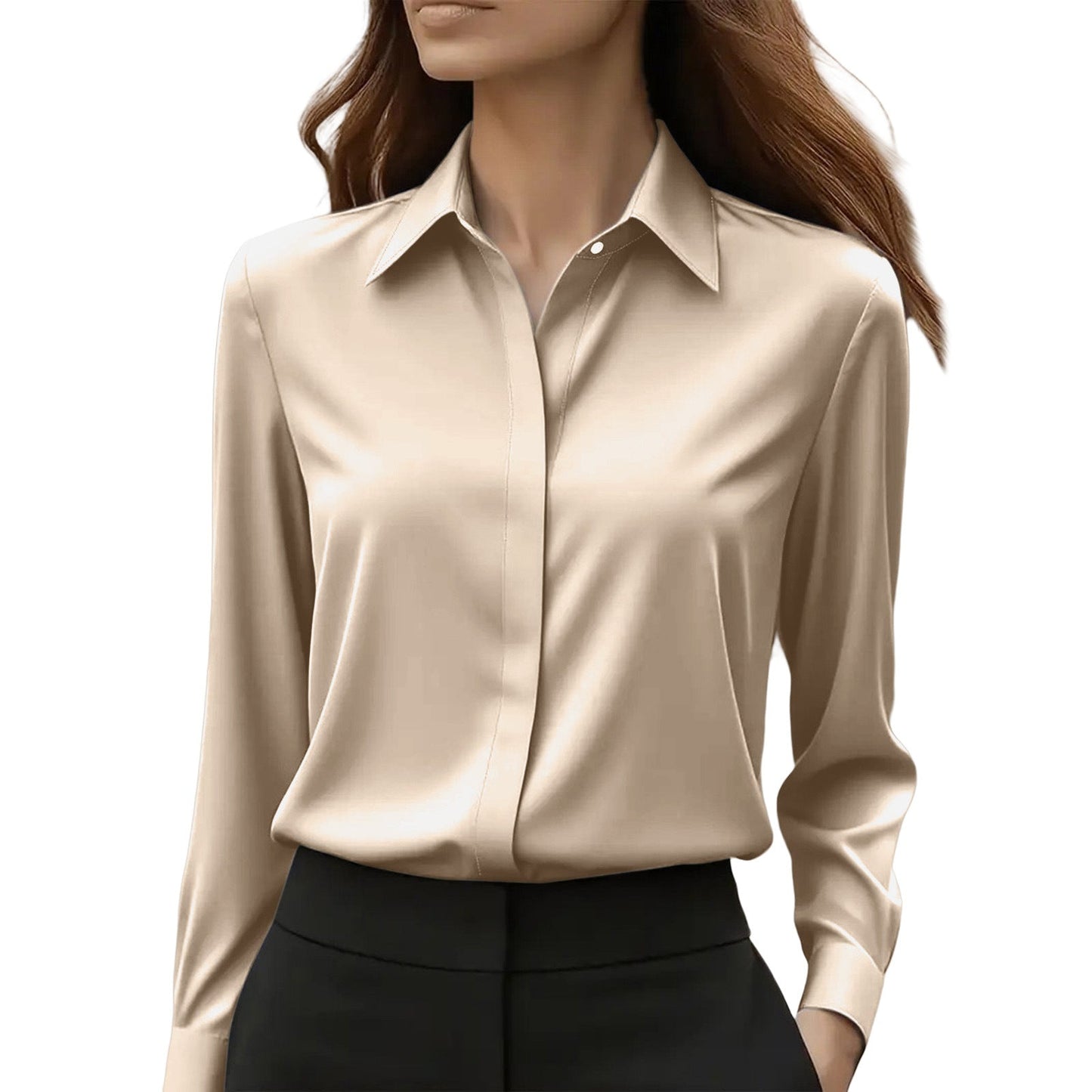 Dames Blouse Lange Mouw met Klassieke Kraag en Verborgen Knoopsluiting Khaki