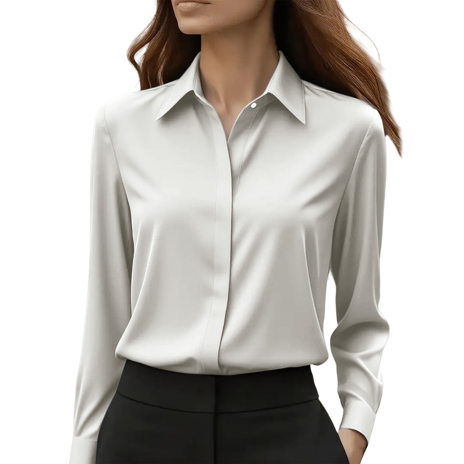 Dames Blouse Lange Mouw met Klassieke Kraag en Verborgen Knoopsluiting Lichtgrijs