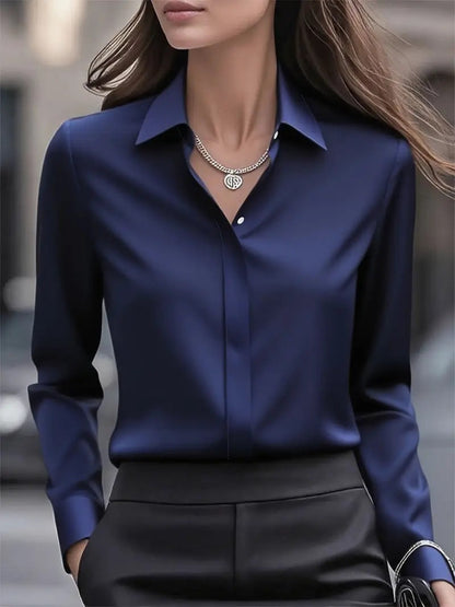 Dames Blouse Lange Mouw met Klassieke Kraag en Verborgen Knoopsluiting Donkerblauw