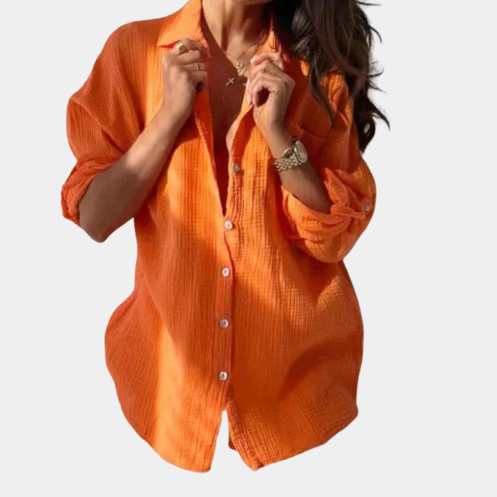 Dames Blouse Lange Mouw met Knoopsluiting en Losvallende Pasvorm Oranje