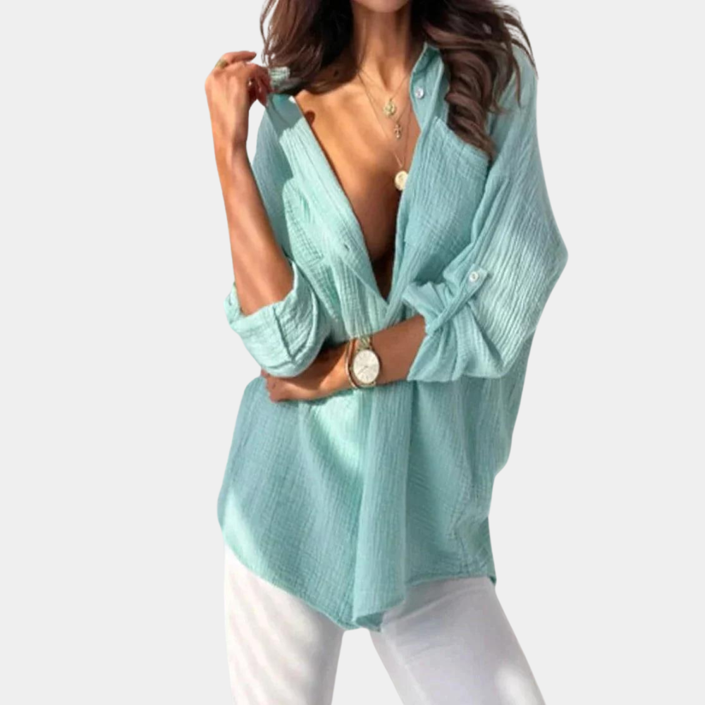 Dames Blouse Lange Mouw met Knoopsluiting en Losvallende Pasvorm