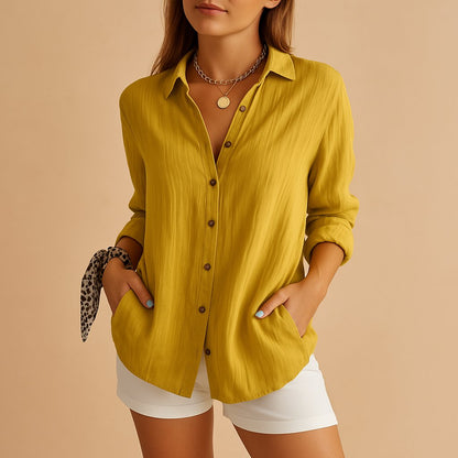 Dames Blouse Lange Mouw met Knoopsluiting en Oversized Fit Geel