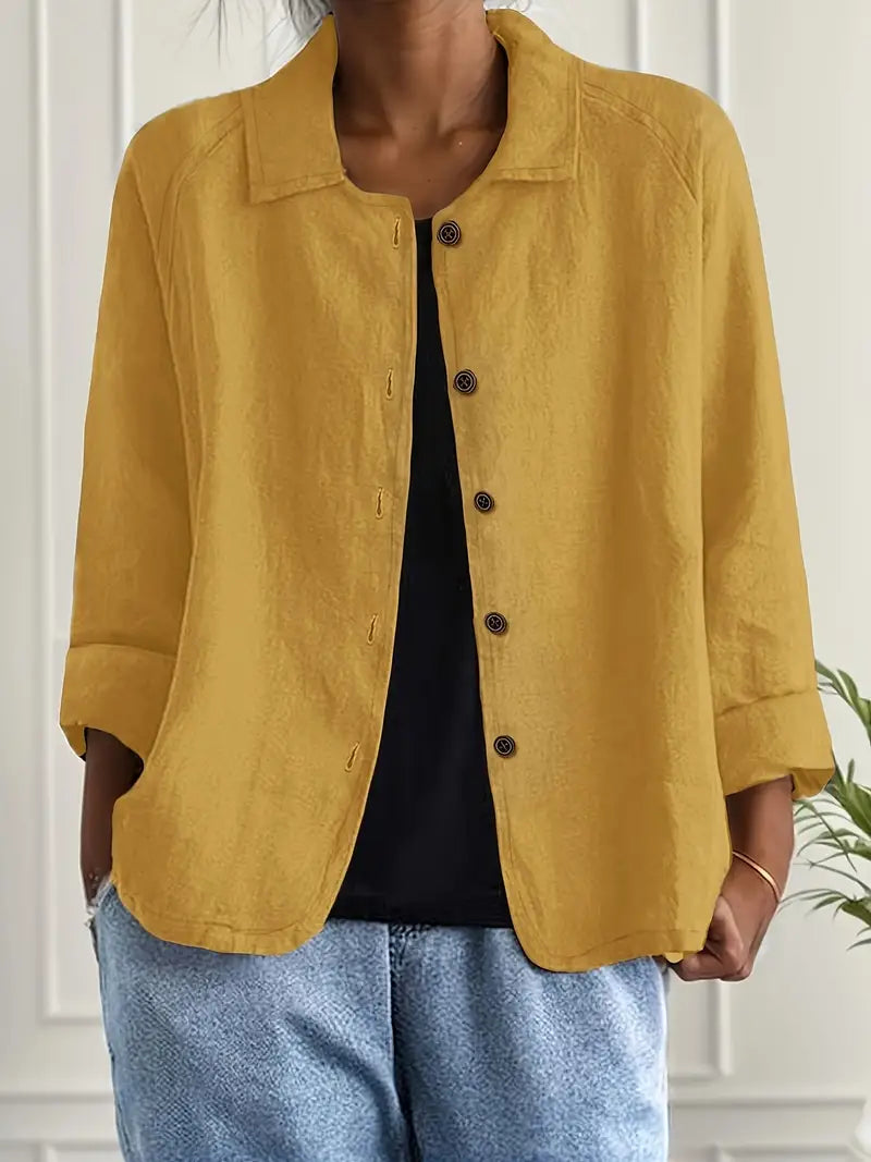 Dames Blouse Lange Mouw met Kraag en Knoopsluiting Geel