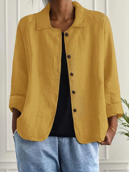 Dames Blouse Lange Mouw met Kraag en Knoopsluiting Geel