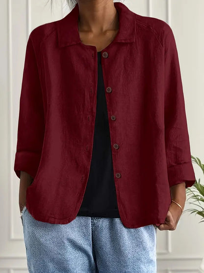 Dames Blouse Lange Mouw met Kraag en Knoopsluiting Donkerrood
