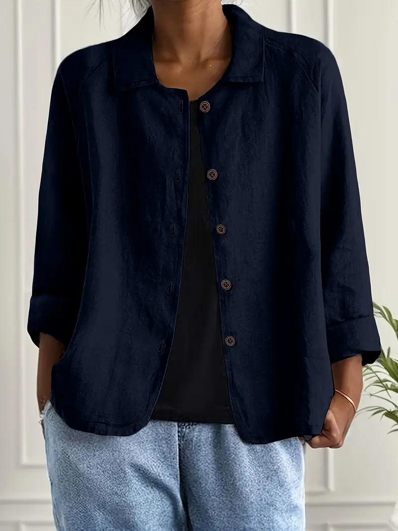 Dames Blouse Lange Mouw met Kraag en Knoopsluiting Donkerblauw