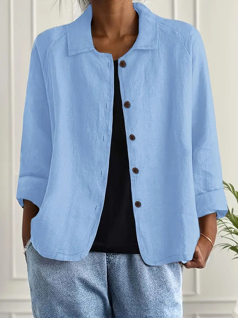 Dames Blouse Lange Mouw met Kraag en Knoopsluiting Lichtblauw
