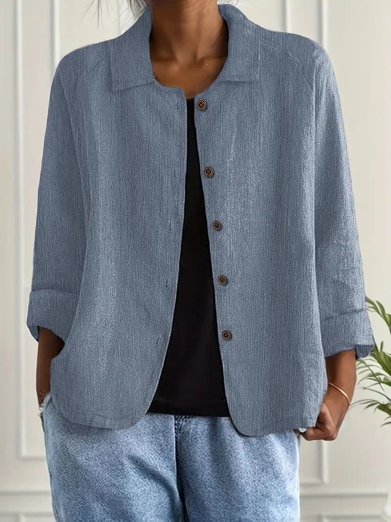 Dames Blouse Lange Mouw met Kraag en Knoopsluiting Blauwgrijs