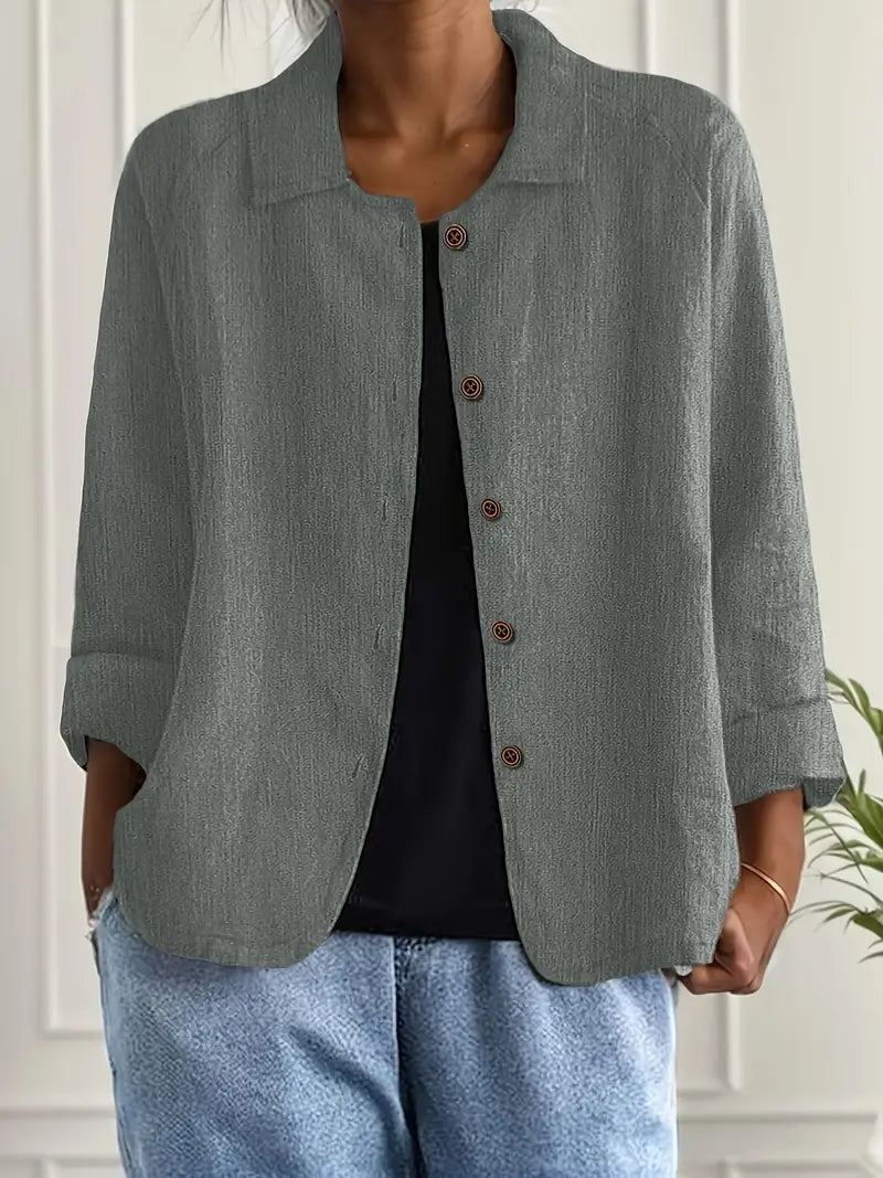 Dames Blouse Lange Mouw met Kraag en Knoopsluiting Grijs