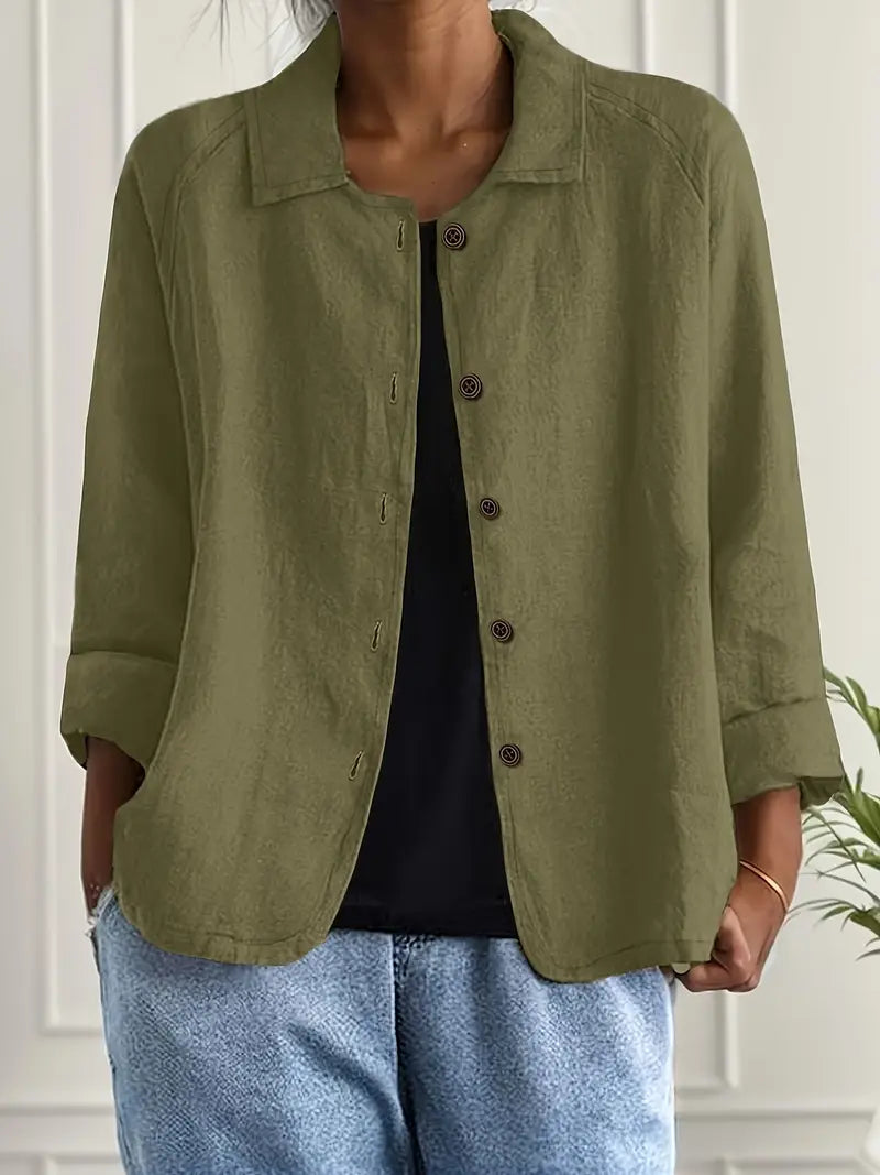 Dames Blouse Lange Mouw met Kraag en Knoopsluiting Groen