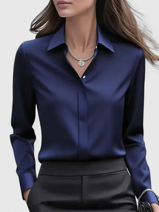 Dames Blouse Lange Mouw met Kraag en Verborgen Knoopsluiting Marineblauw
