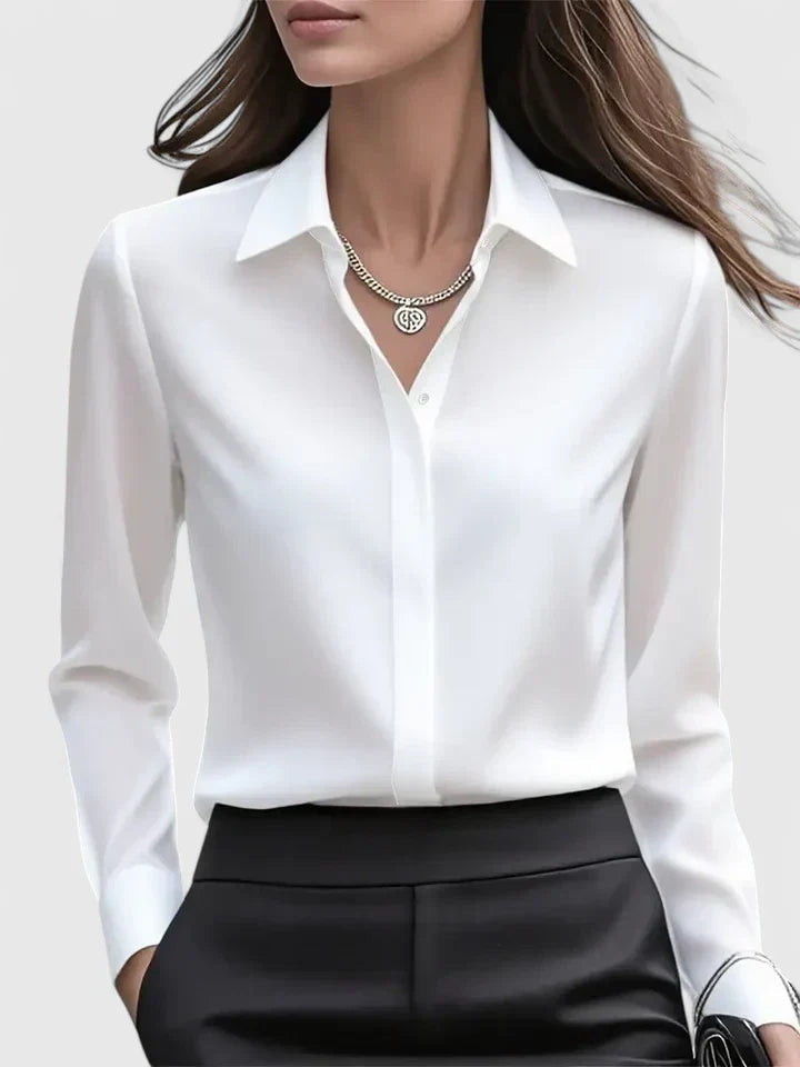 Dames Blouse Lange Mouw met Kraag en Verborgen Knoopsluiting Wit