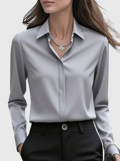 Dames Blouse Lange Mouw met Kraag en Verborgen Knoopsluiting Grijs