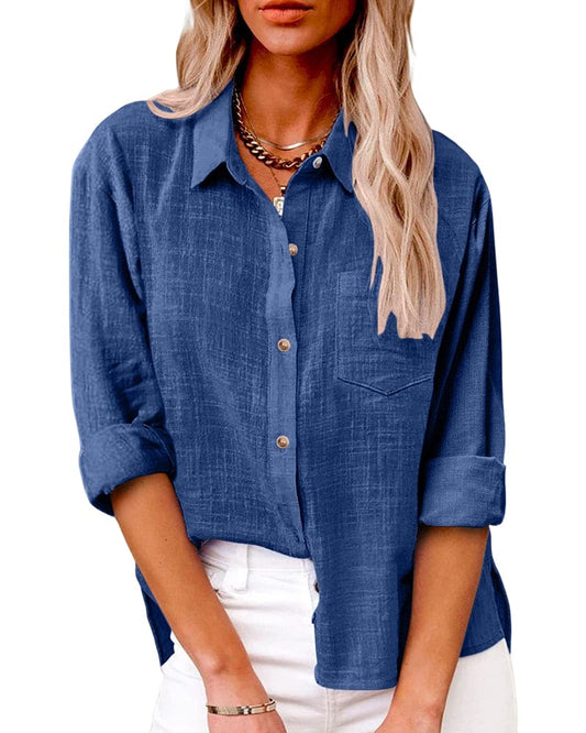 Dames Blouse Lange Mouw met Omgeslagen Kraag en Borstzakje Blauw