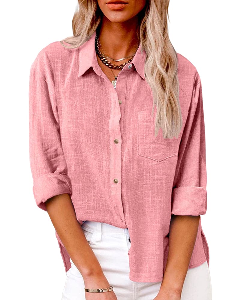 Dames Blouse Lange Mouw met Omgeslagen Kraag en Borstzakje Roze