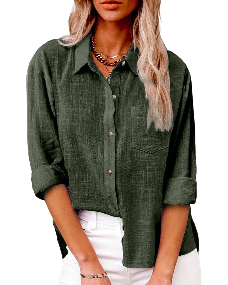 Dames Blouse Lange Mouw met Omgeslagen Kraag en Borstzakje Militair Groen