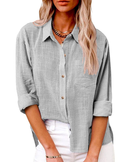 Dames Blouse Lange Mouw met Omgeslagen Kraag en Borstzakje Grijs