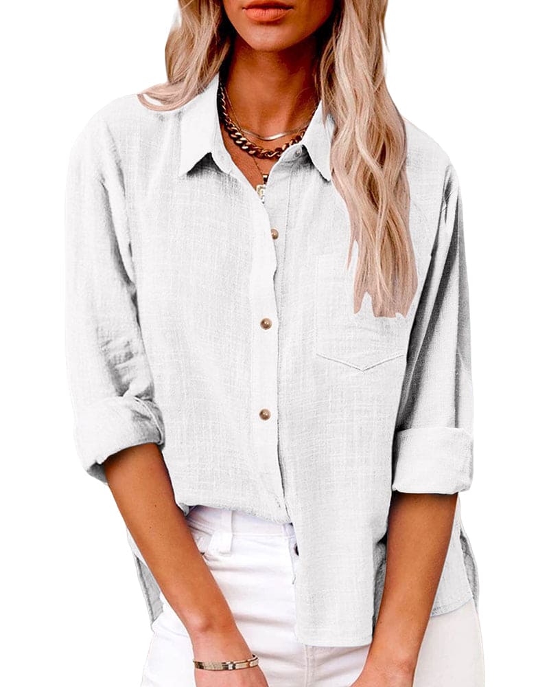 Dames Blouse Lange Mouw met Omgeslagen Kraag en Borstzakje Wit