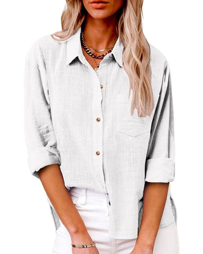 Dames Blouse Lange Mouw met Omgeslagen Kraag en Borstzakje Wit