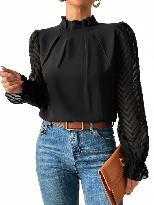 Dames Blouse Lange Mouw met Strikje Kraag en Transparante Mouwen