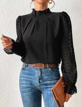 Dames Blouse Lange Mouw met Strikje Kraag en Transparante Mouwen