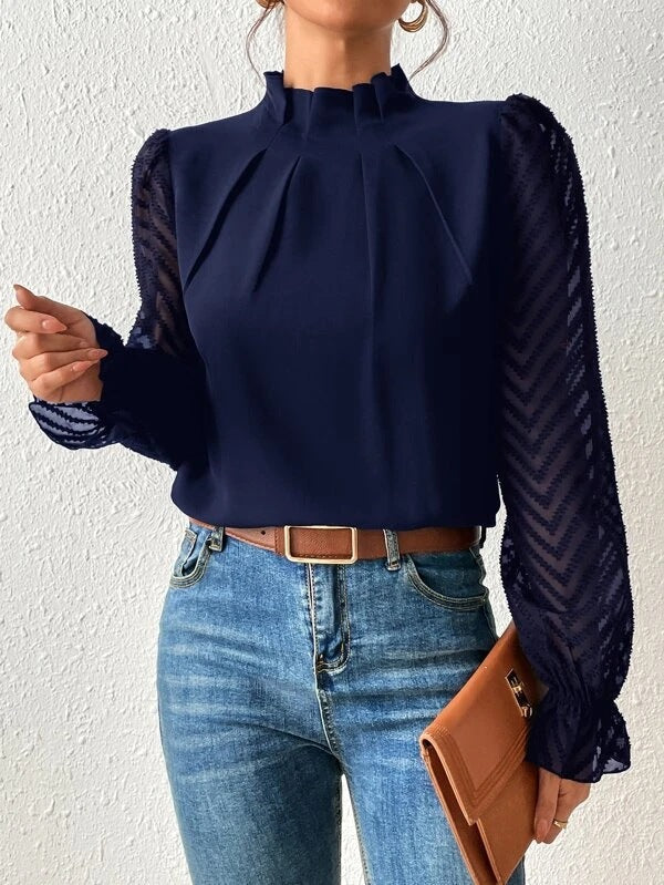 Dames Blouse Lange Mouw met Strikje Kraag en Transparante Mouwen Donkerblauw