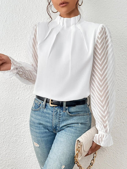 Dames Blouse Lange Mouw met Strikje Kraag en Transparante Mouwen Wit