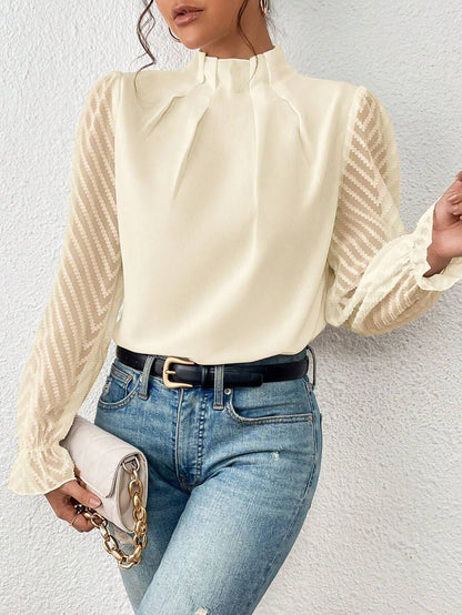 Dames Blouse Lange Mouw met Strikje Kraag en Transparante Mouwen Beige