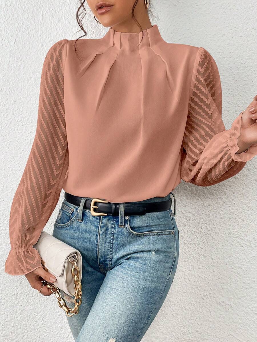 Dames Blouse Lange Mouw met Strikje Kraag en Transparante Mouwen Roze