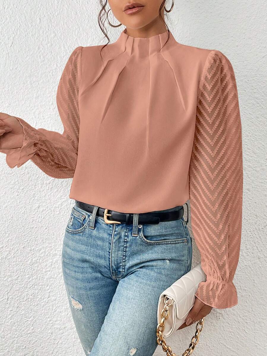 Dames Blouse Lange Mouw met Strikje Kraag en Transparante Mouwen